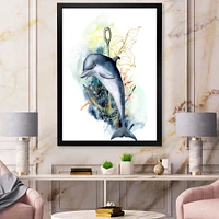 Dolphin Turtle Anchor & Linear Coral Reef Plants  Canvas Wall Art Print