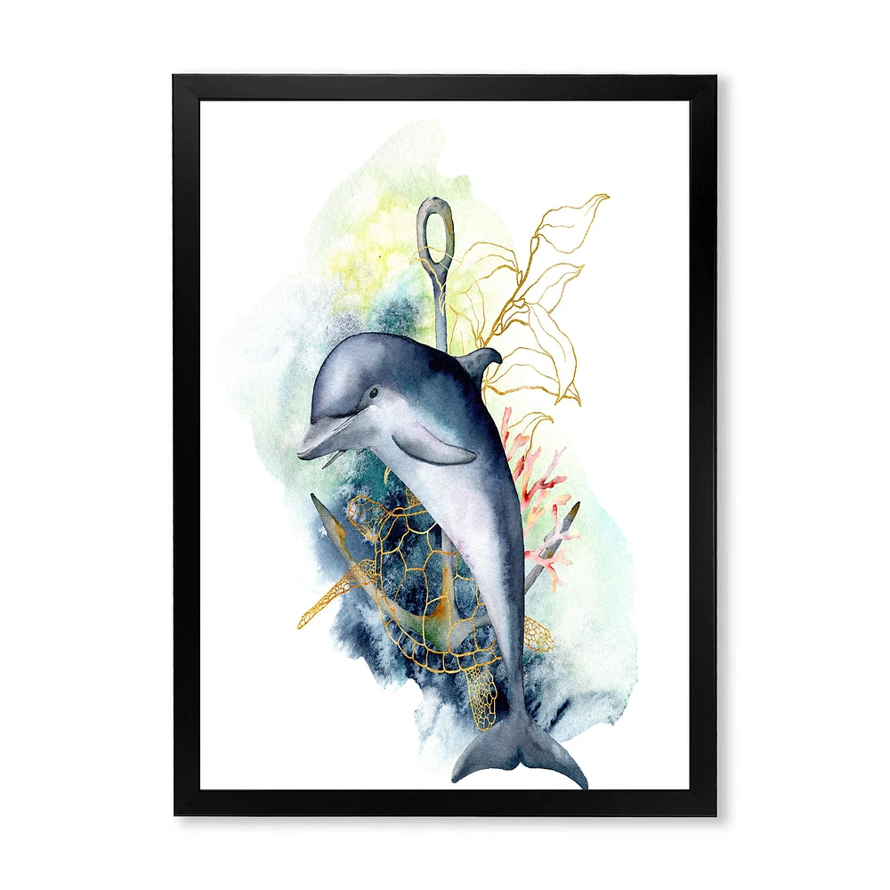 Dolphin Turtle Anchor & Linear Coral Reef Plants  Canvas Wall Art Print