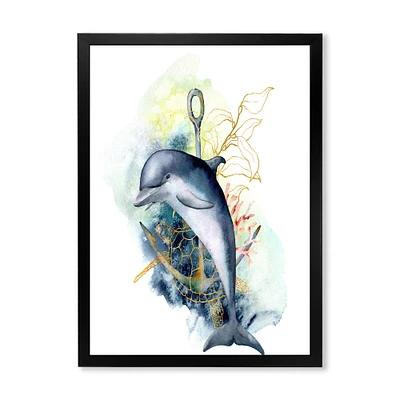 Dolphin Turtle Anchor & Linear Coral Reef Plants  Canvas Wall Art Print