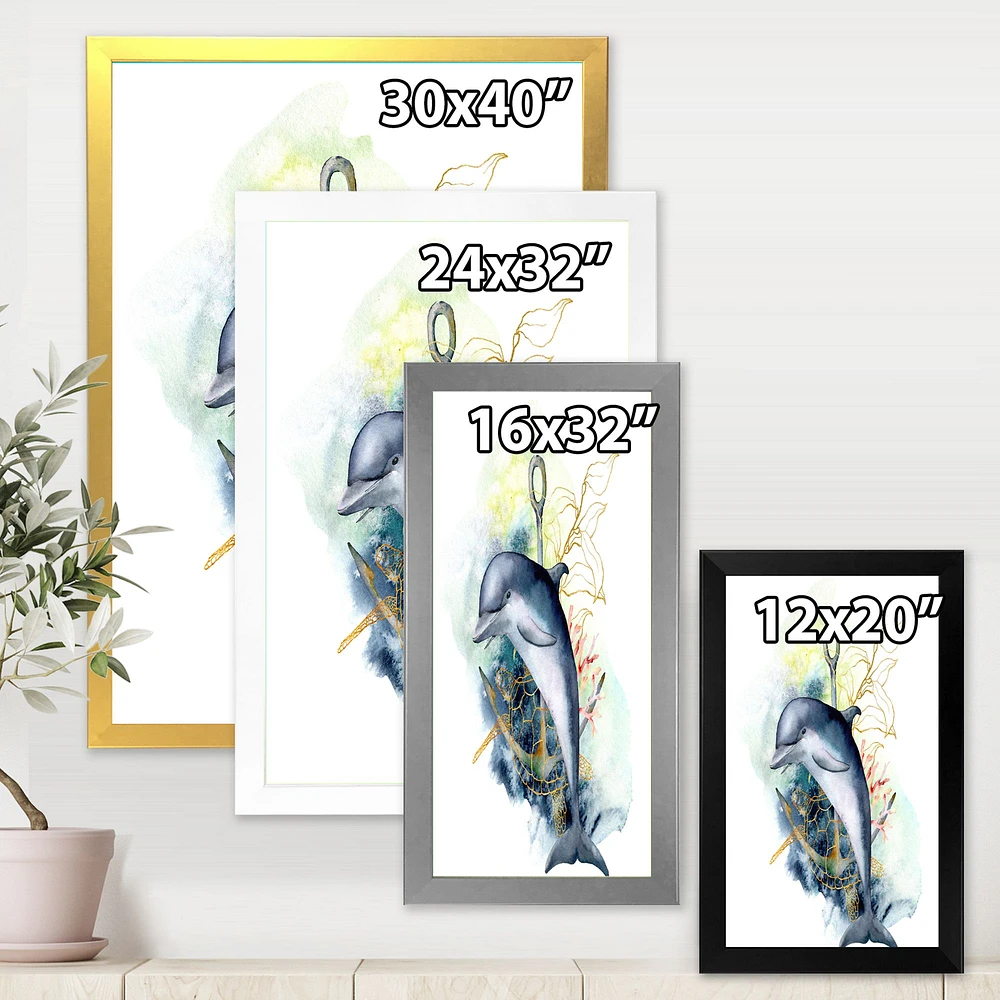 Dolphin Turtle Anchor & Linear Coral Reef Plants  Canvas Wall Art Print