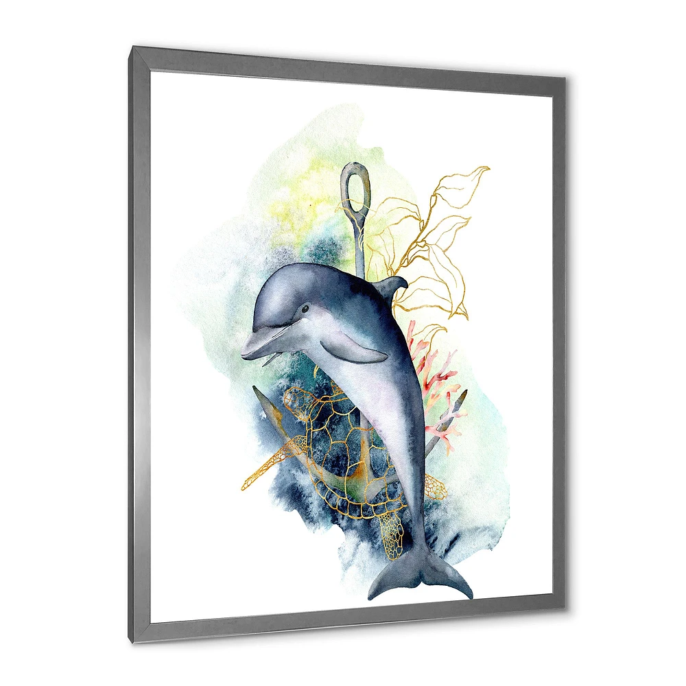 Dolphin Turtle Anchor & Linear Coral Reef Plants Canvas Wall Art Print