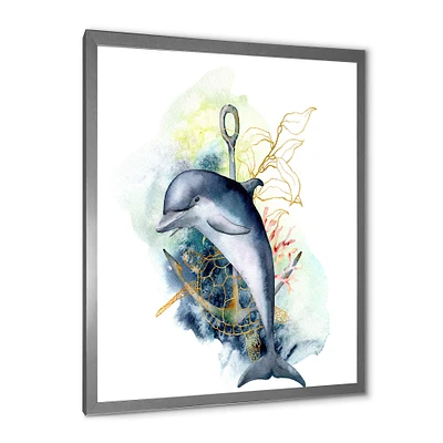 Dolphin Turtle Anchor & Linear Coral Reef Plants  Canvas Wall Art Print