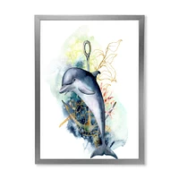 Dolphin Turtle Anchor & Linear Coral Reef Plants  Canvas Wall Art Print