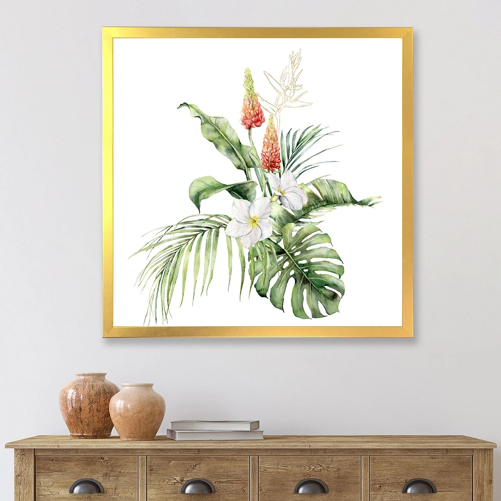 Toile imprimée « Tropical Bouquet with Lupine Plumeria Palm Leaves »