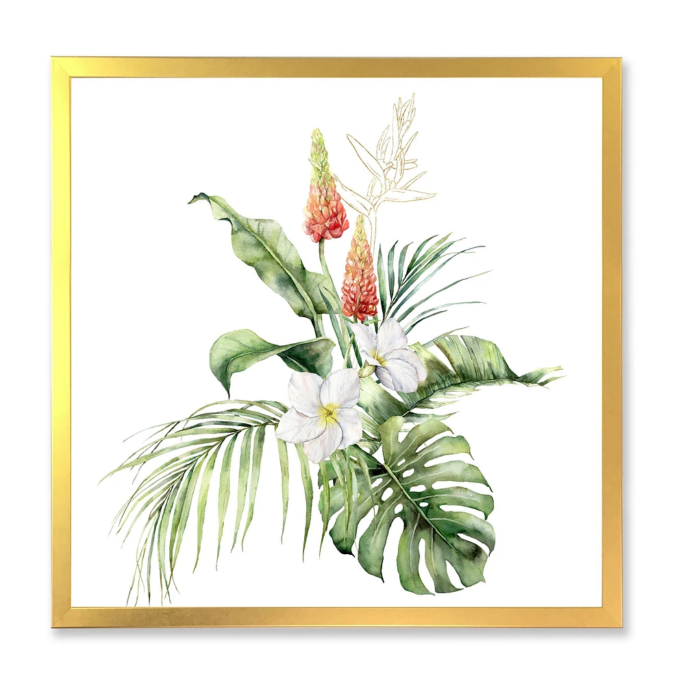 Toile imprimée « Tropical Bouquet with Lupine Plumeria Palm Leaves »