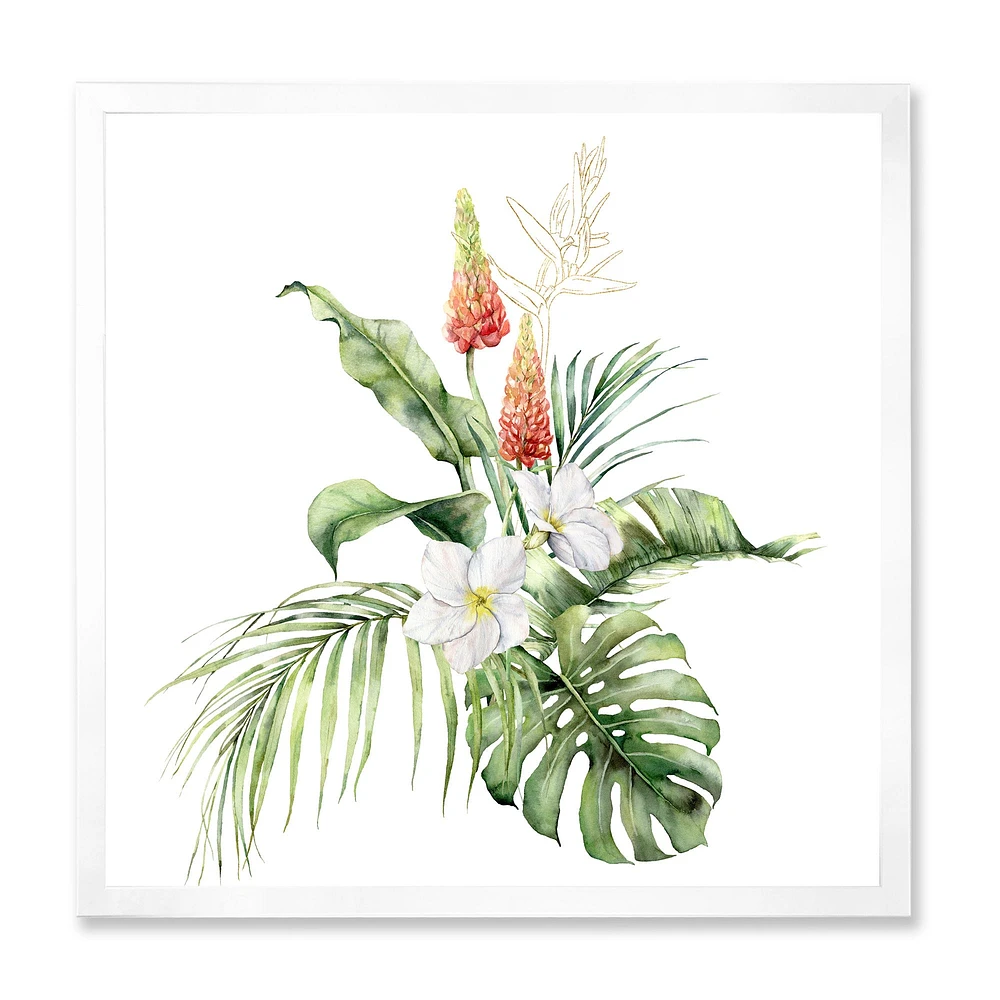 Toile imprimée « Tropical Bouquet with Lupine Plumeria Palm Leaves »