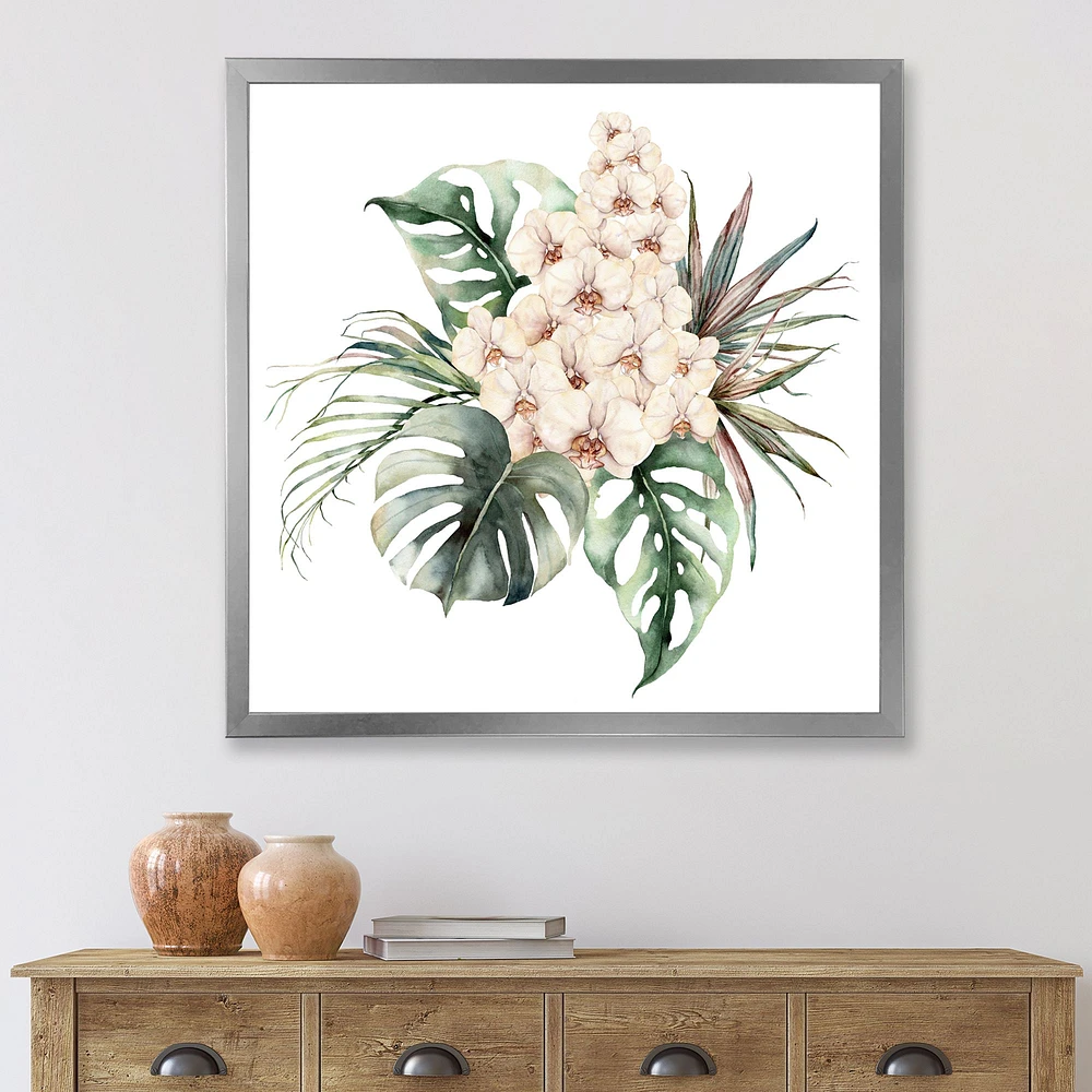Bouquet with Orchids Monstera and Coconut Leaves Canvas Wall Art Print