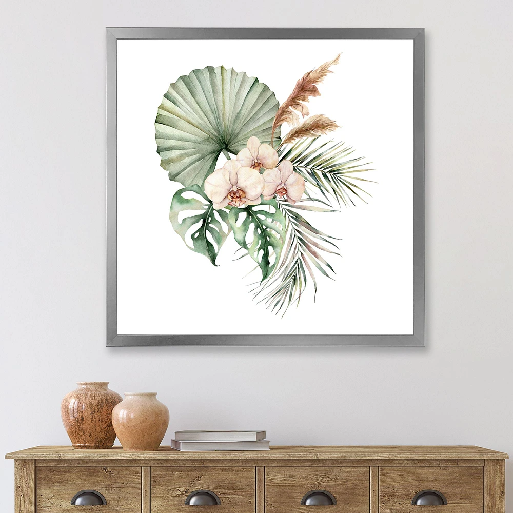 Tropical Bouquet with Orchids Palm Leaves  Canvas Wall Art Print