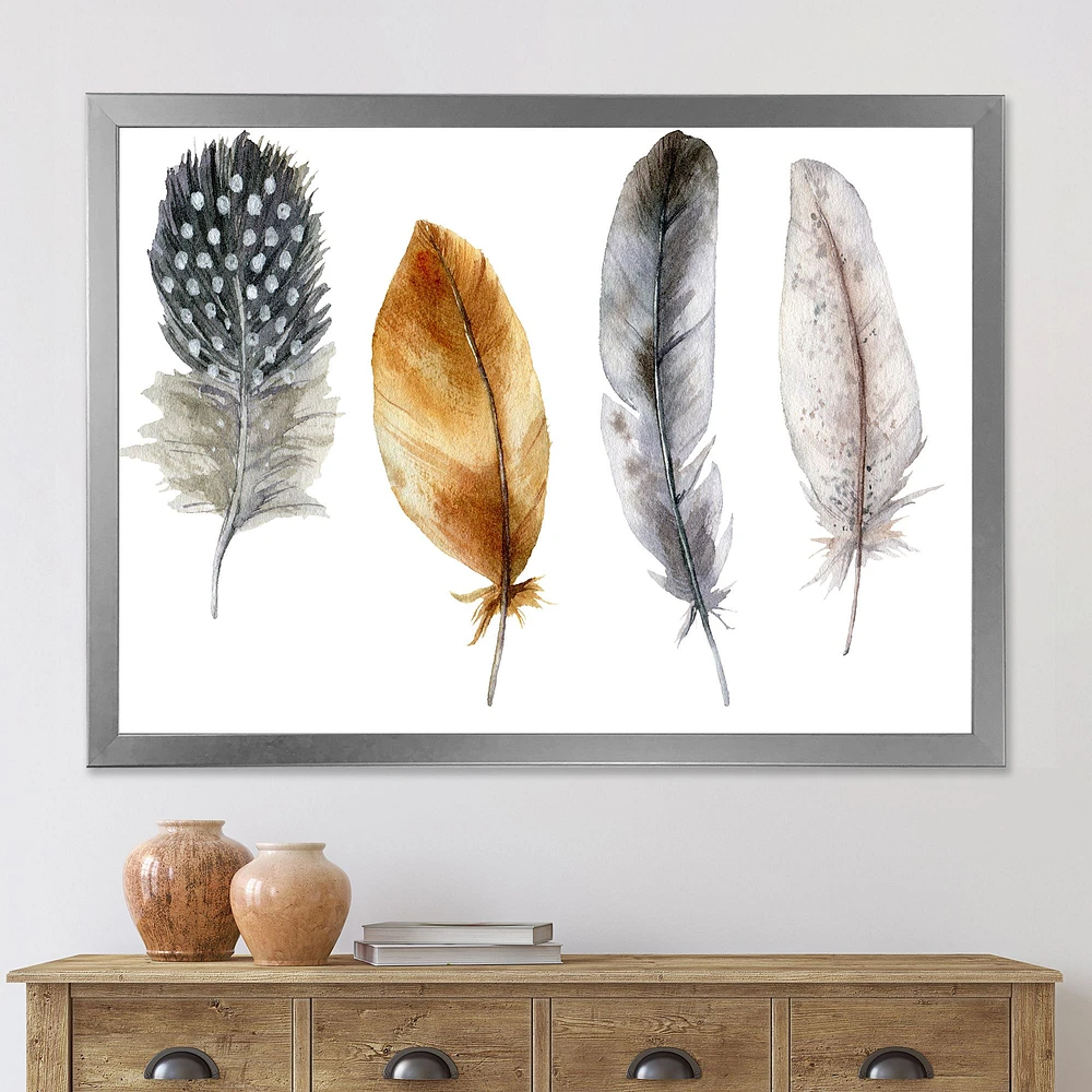 Boho Feather Orange & Blue Striped Polka Dots  Canvas Wall Art Print