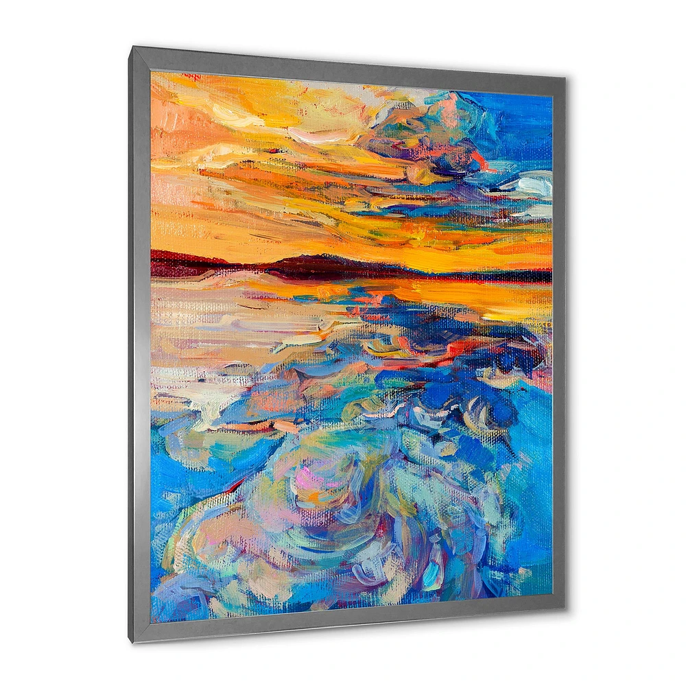 Orange Sunset Over Whirly Blue Waves  Canvas Wall Art Print