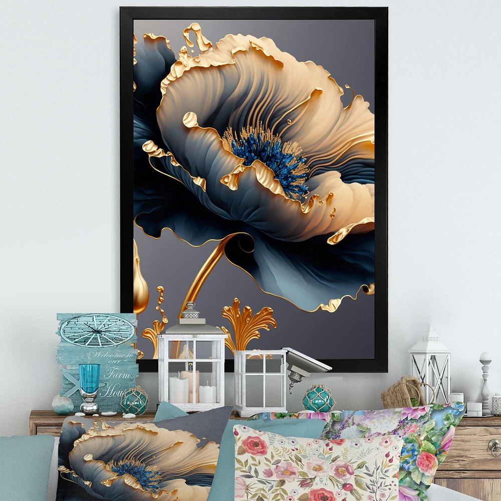 Deep Blue And Gold Single Flower VI Wall Art