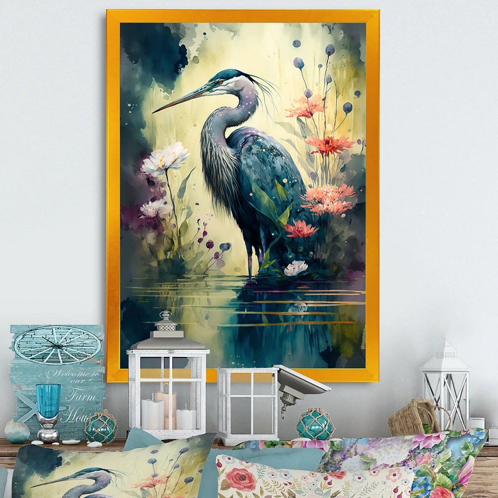 Cute Heron Floral Art I Wall