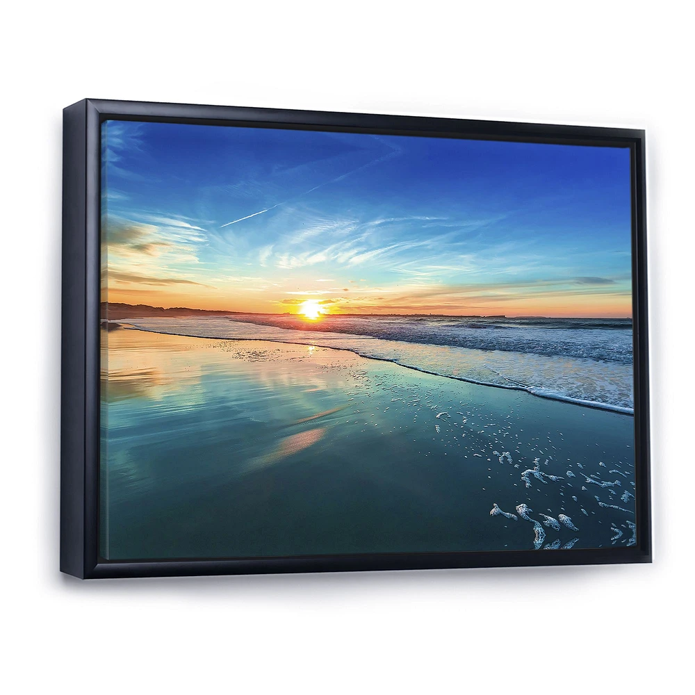 Blue Seashore with Distant Sunset  Canvas Wall Art