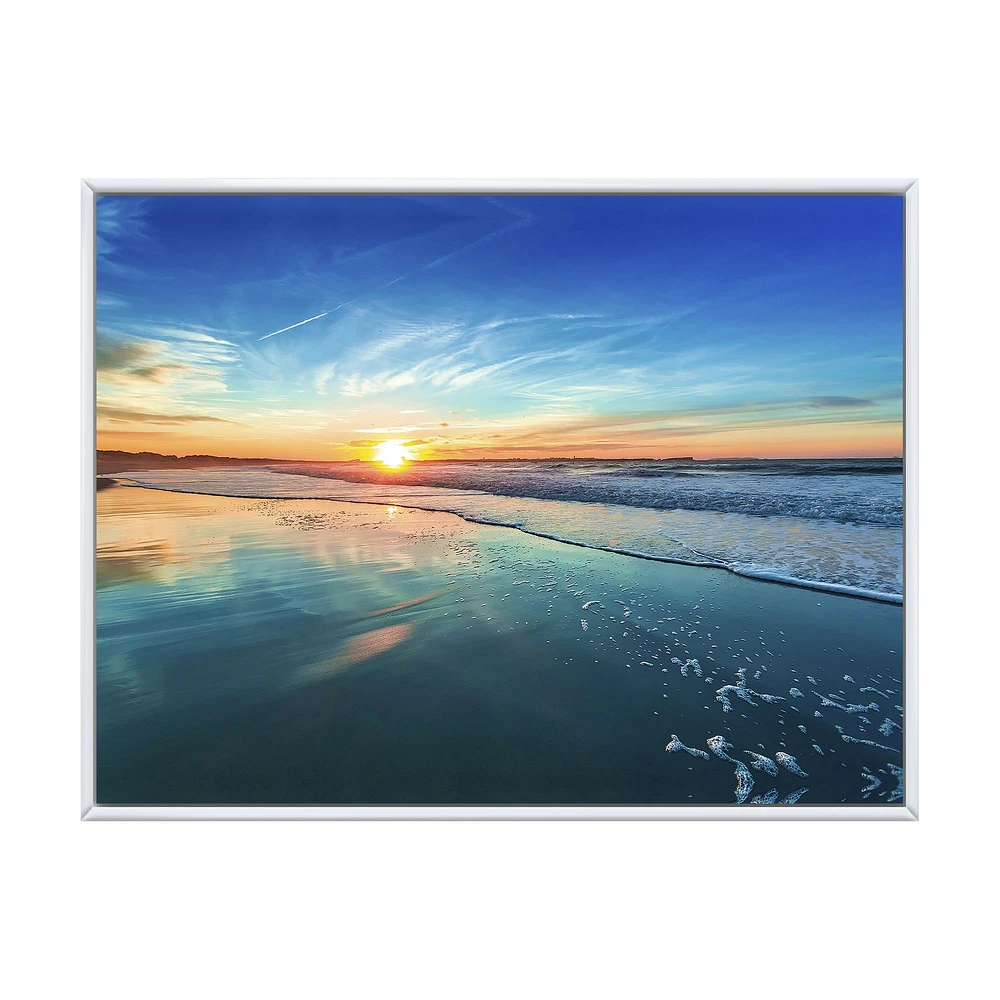 Blue Seashore with Distant Sunset  Canvas Wall Art