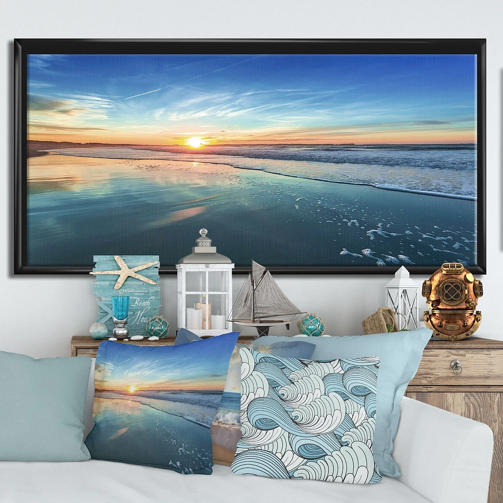 Blue Seashore with Distant Sunset  Canvas Wall Art