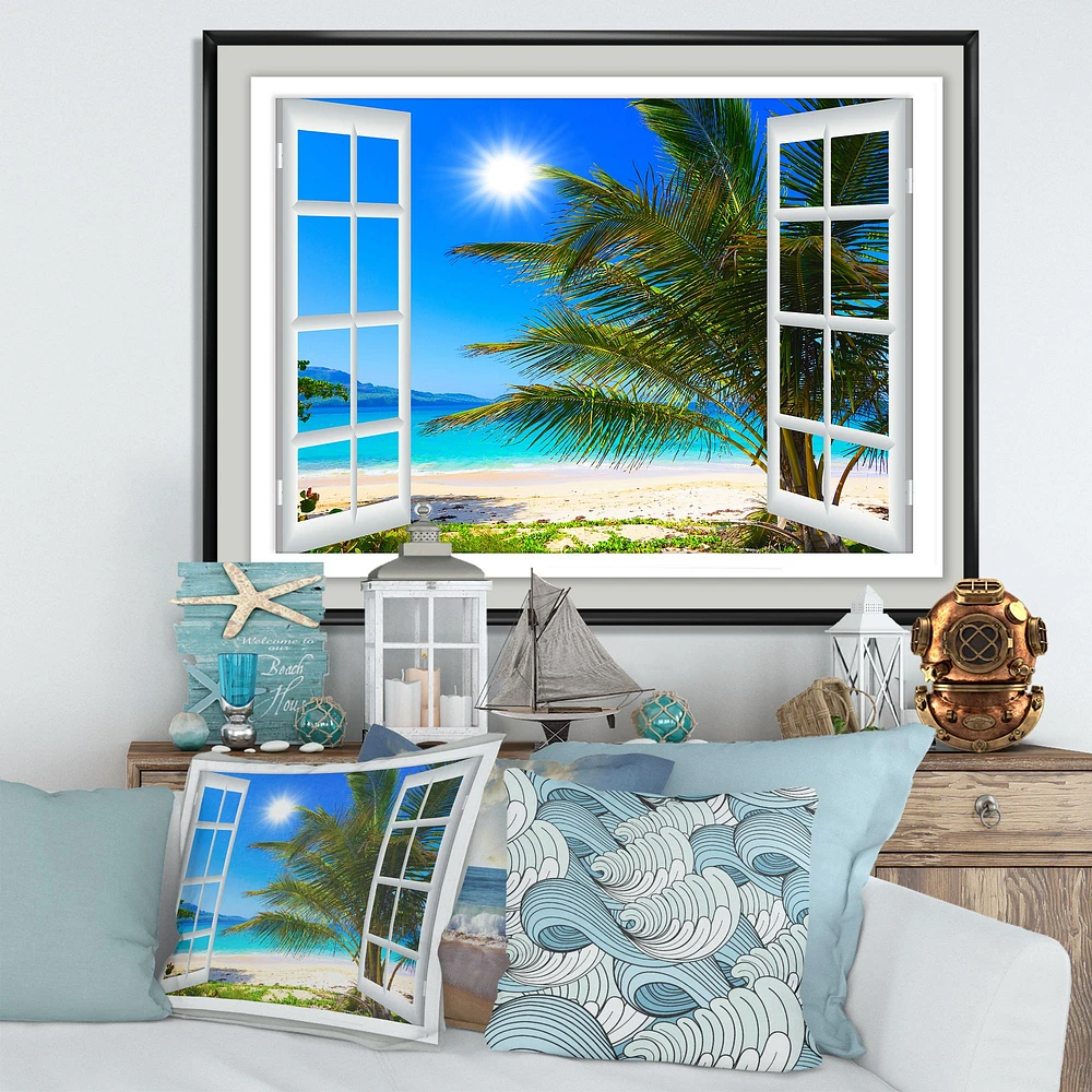 Window Open to Beach with Palm  Canvas Art