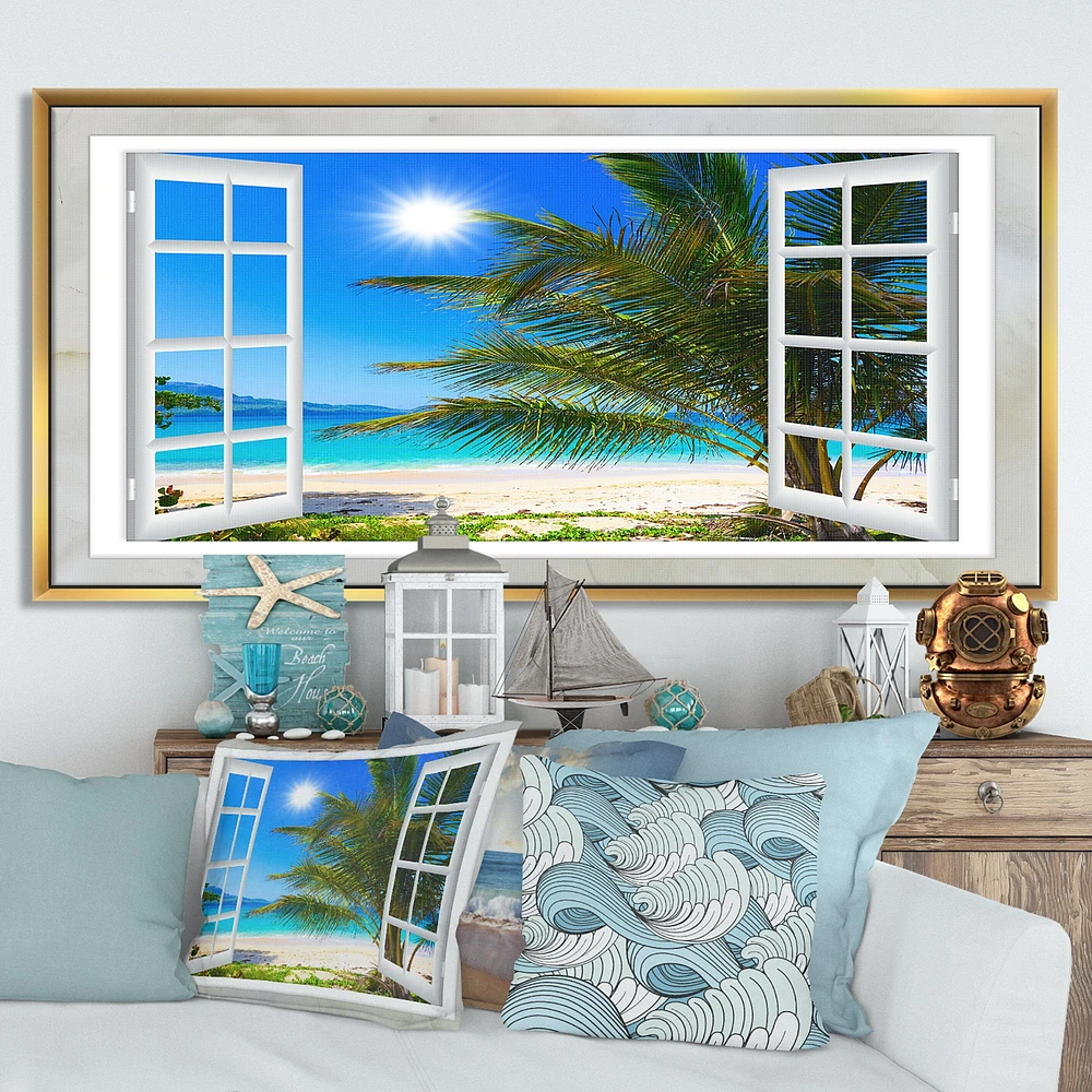 Window Open to Beach with Palm  Canvas Art