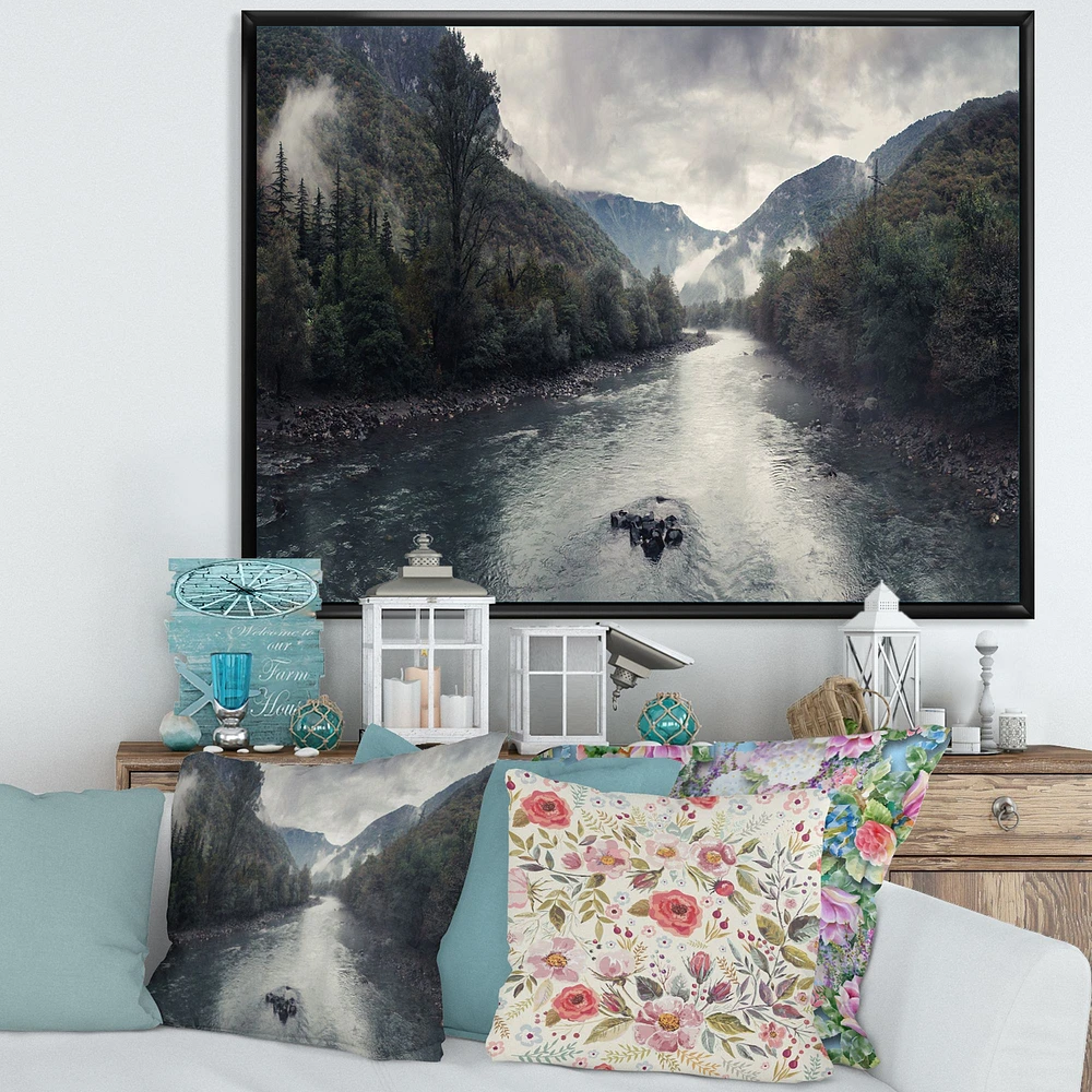 Mountain River with Fog and Rain  Canvas Art Print