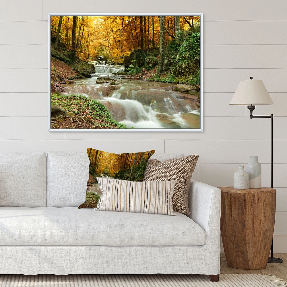 Forest Waterfall with Yellow Trees  Artwork Canvas Print