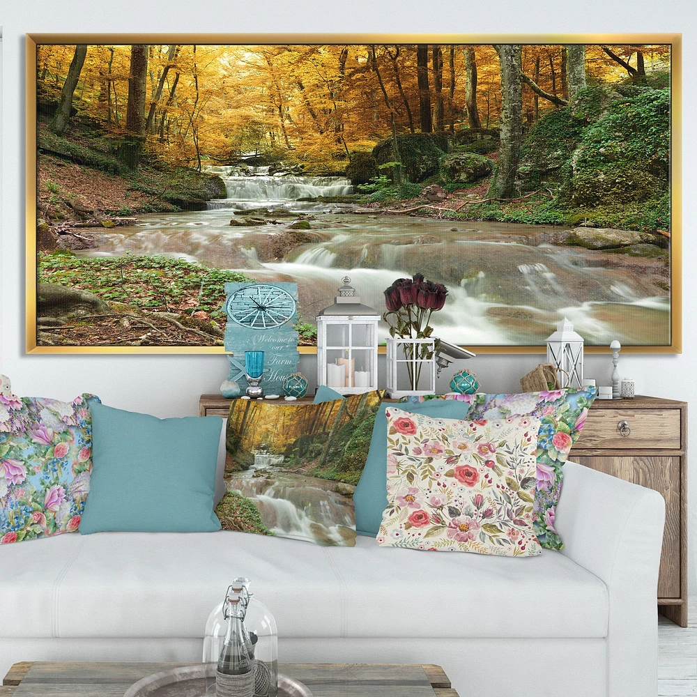 Forest Waterfall with Yellow Trees  Artwork Canvas Print