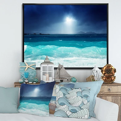 Neon Sea Waves under Dark Sky  Canvas Wall Art