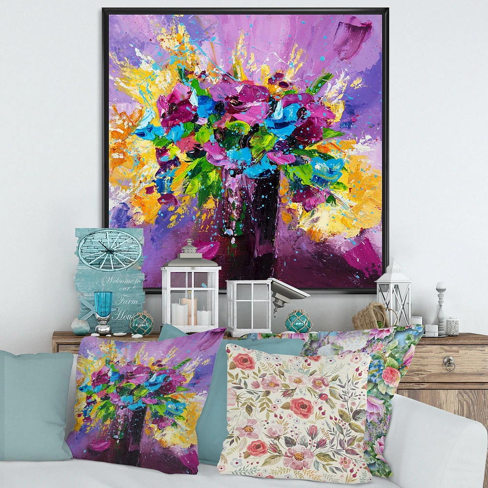 Bright Bouquet of Spring Flowers on Purple Background  Canvas Wall Art Print