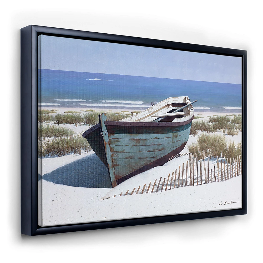 Blue Boat on Beach  Canvas Wall Art Print