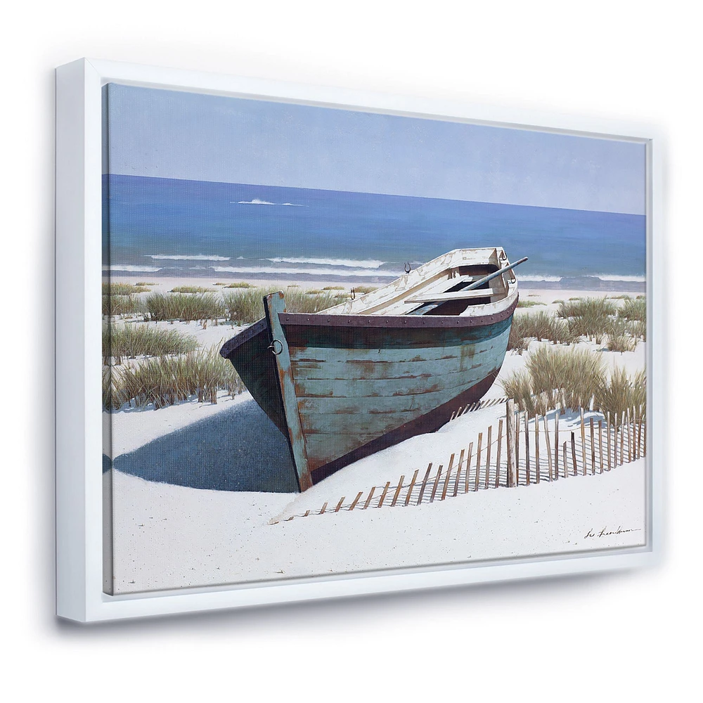 Blue Boat on Beach  Canvas Wall Art Print