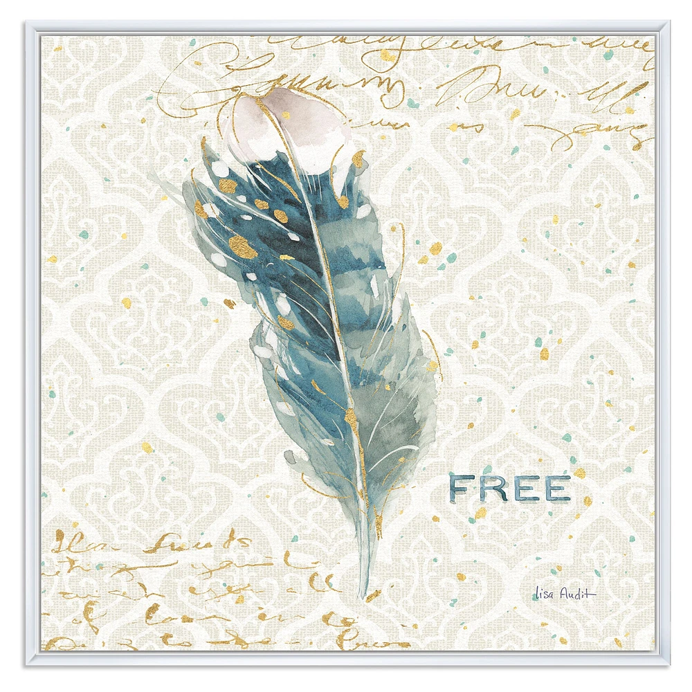 Damask Painted Gilded Feather on Blue  Canvas Art