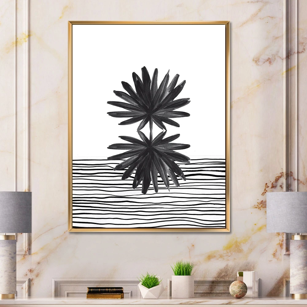 Toile « Black and White Tropical Leaf on Striped II »