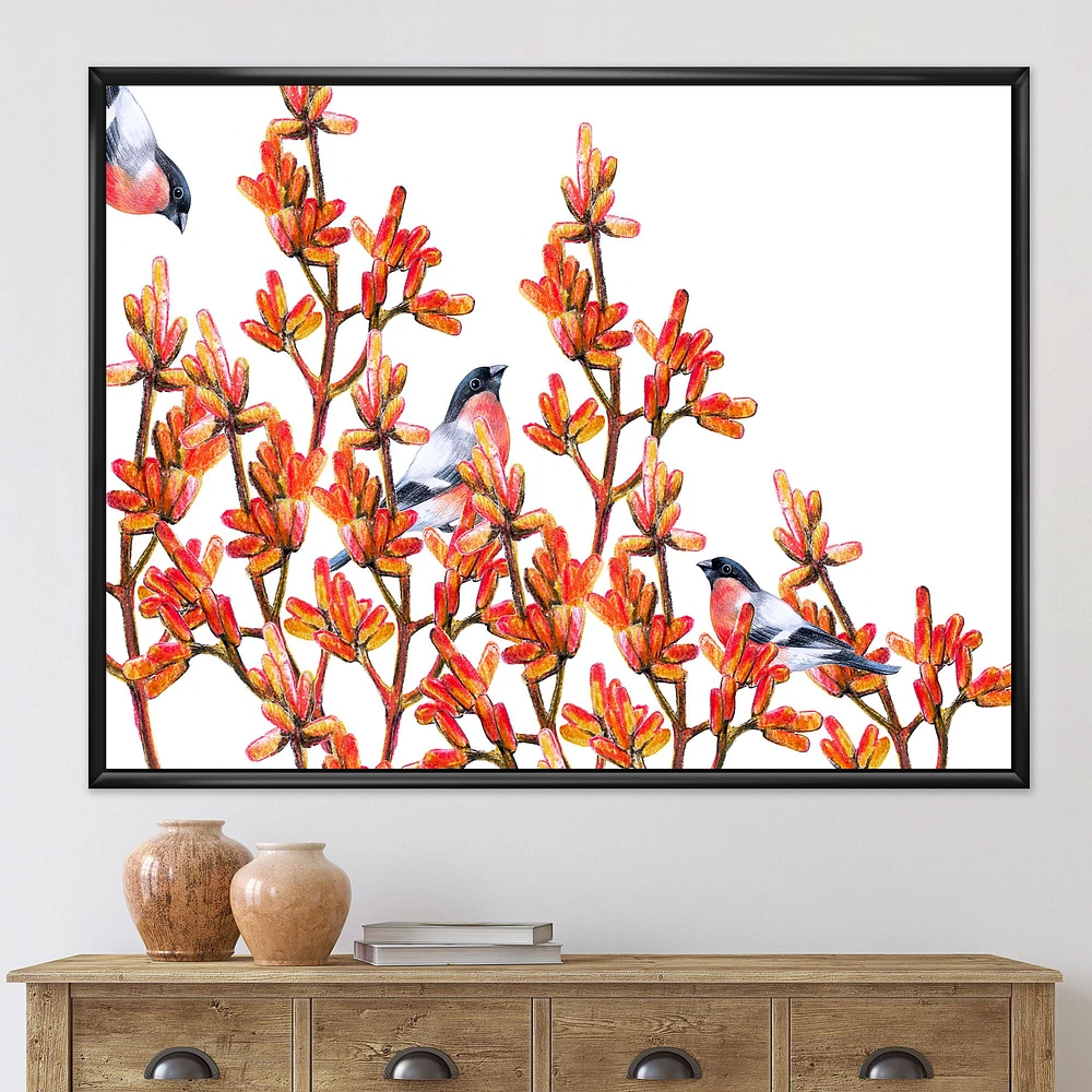 Toile « Flock of Bullfinches Birds on Orange Branches