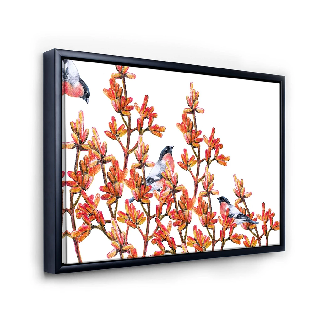 Flock of Bullfinches Birds on Orange Branches Wall Art