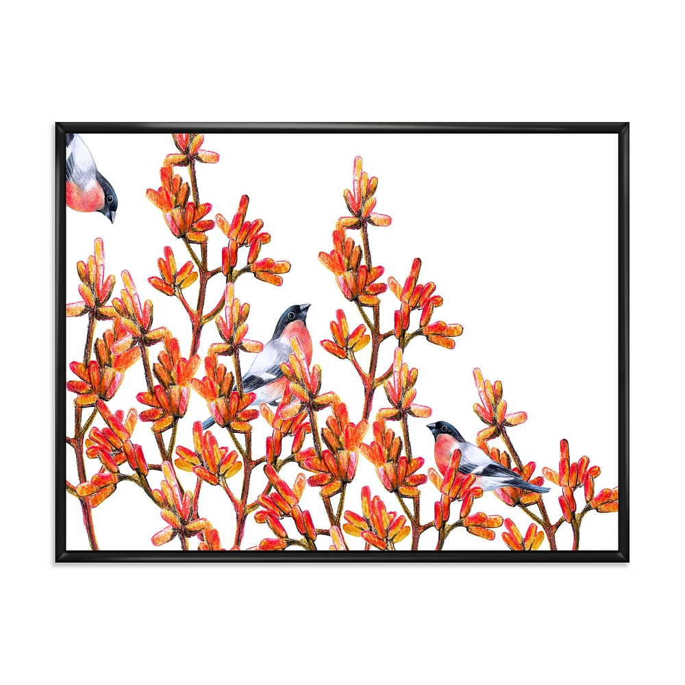 Flock of Bullfinches Birds on Orange Branches Wall Art