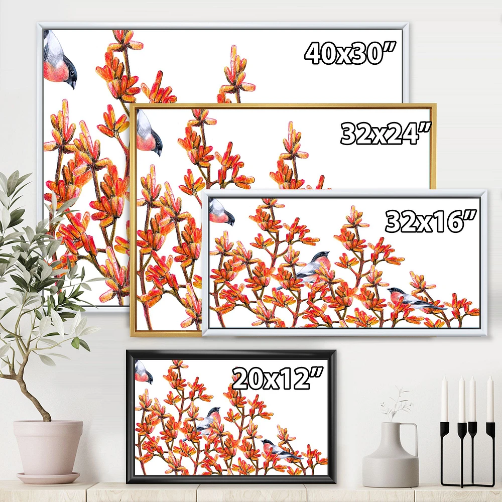 Toile « Flock of Bullfinches Birds on Orange Branches