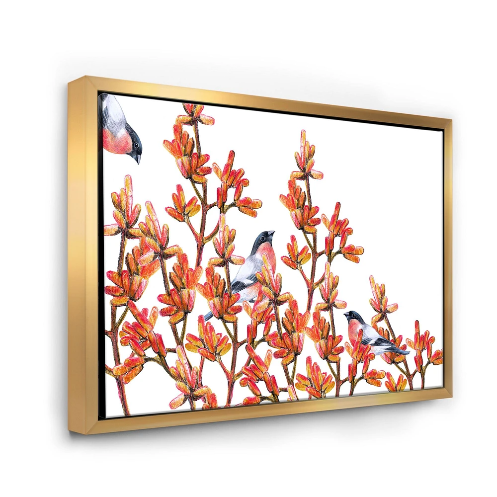 Flock of Bullfinches Birds on Orange Branches Wall Art