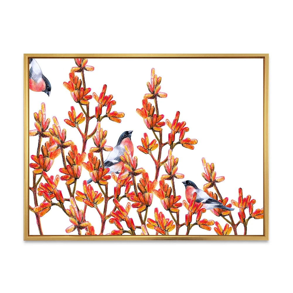 Toile « Flock of Bullfinches Birds on Orange Branches