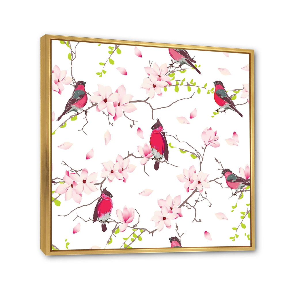 Toile « Red Bullfinches on Magnolia Tree