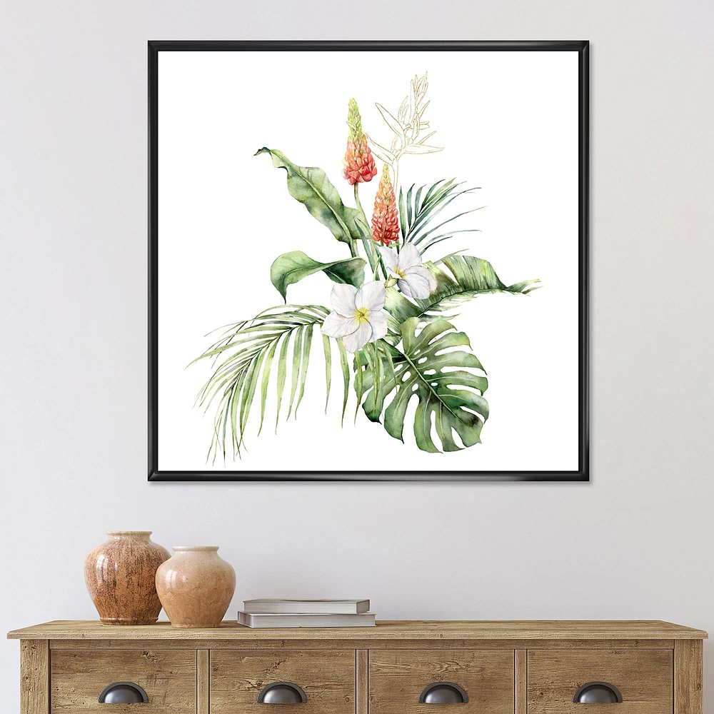 Toile imprimée « Tropical Bouquet with Lupine Plumeria Palm Leaves »