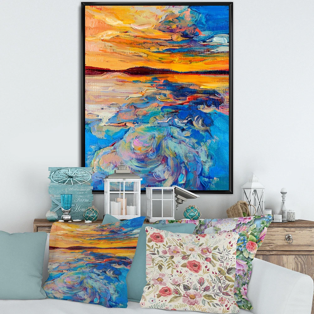 Orange Sunset Over Whirly Blue Waves  Canvas Wall Art Print