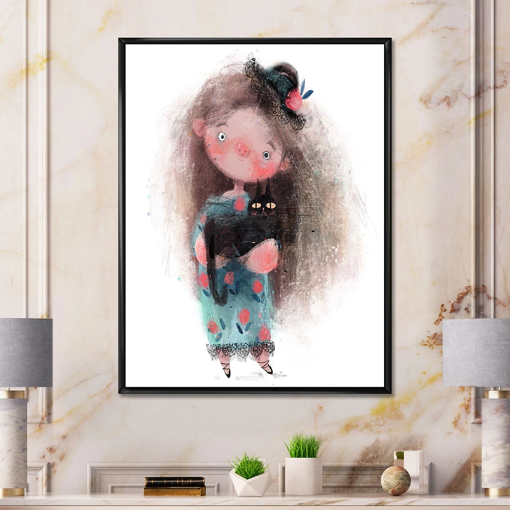 Cute Little Girl with Hat and Black Cat  Canvas Wall Art Print