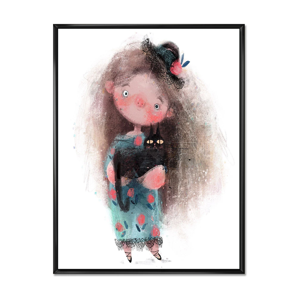 Toile imprimée « Cute Little Girl with Hat and Black Cat »