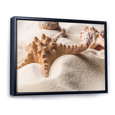 Close Up of Starfish and Seashell on Light Sand Canvas Wall Art Print