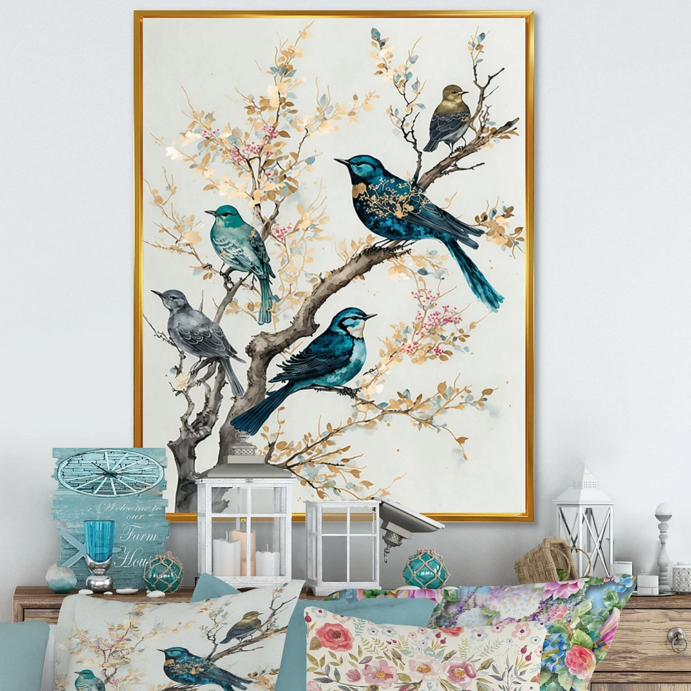 Multicolor Birds On Plum Blossoms Tree IX Wall Art