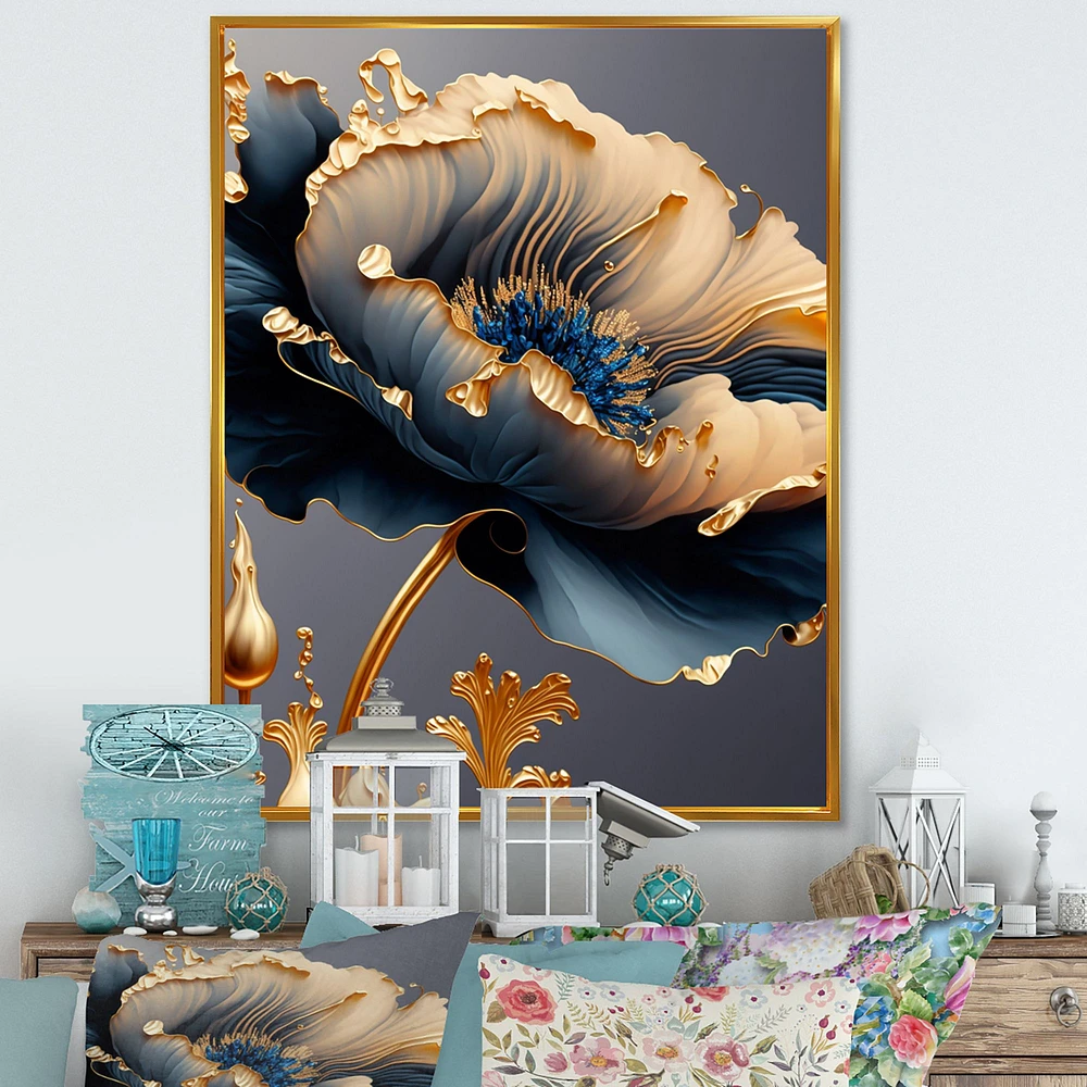 Deep Blue And Gold Single Flower VI Wall Art