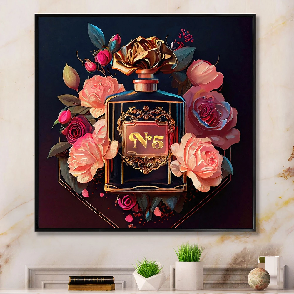 Chic Perfume Bottle With Pink Roses Wall Art