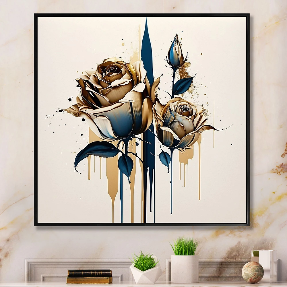 Roses Flow Flower On Golden Beige Paint V Wall Art