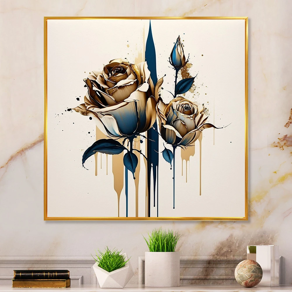 Roses Flow Flower On Golden Beige Paint V Wall Art