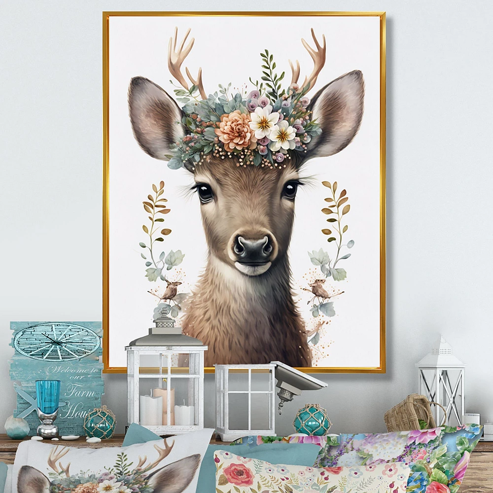 Cute Baby Caribou With Floral Crown I Wall Art