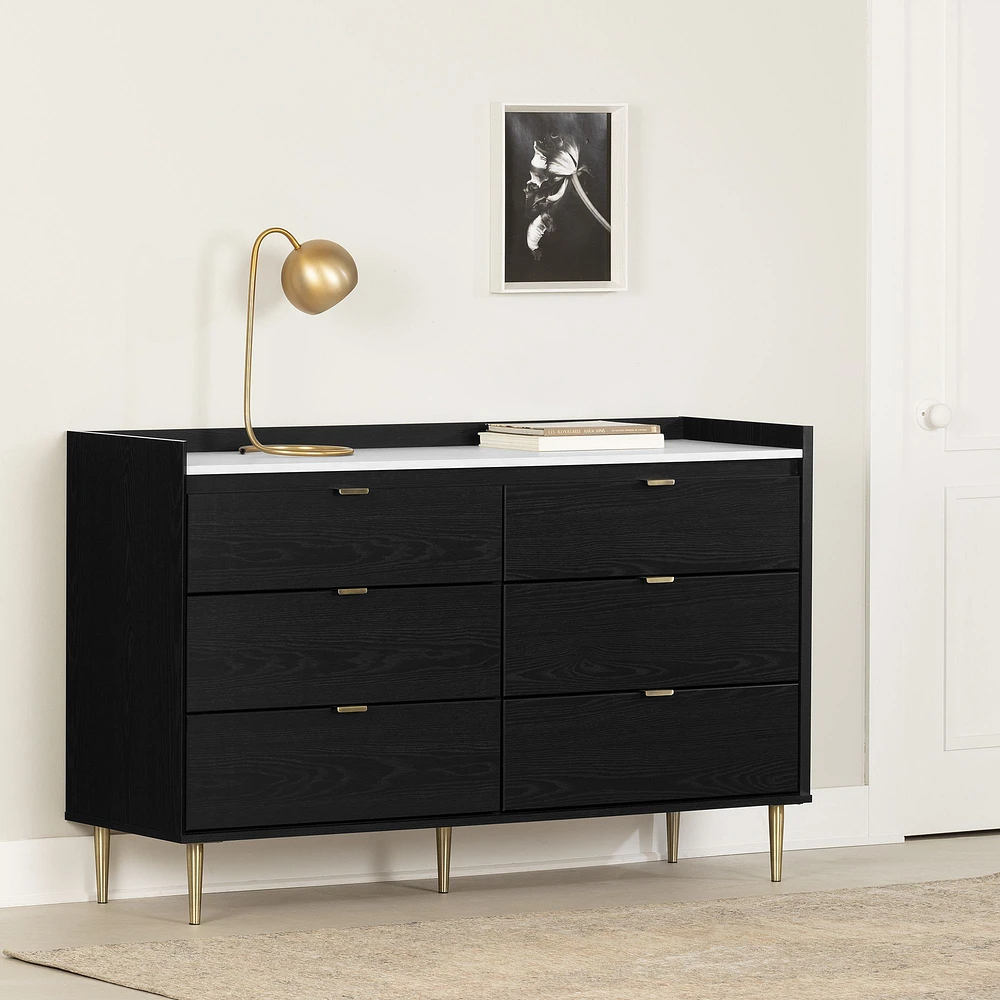 Commode double à 6 tiroirs Hype en chêne noir et faux marbre par South Shore Furniture