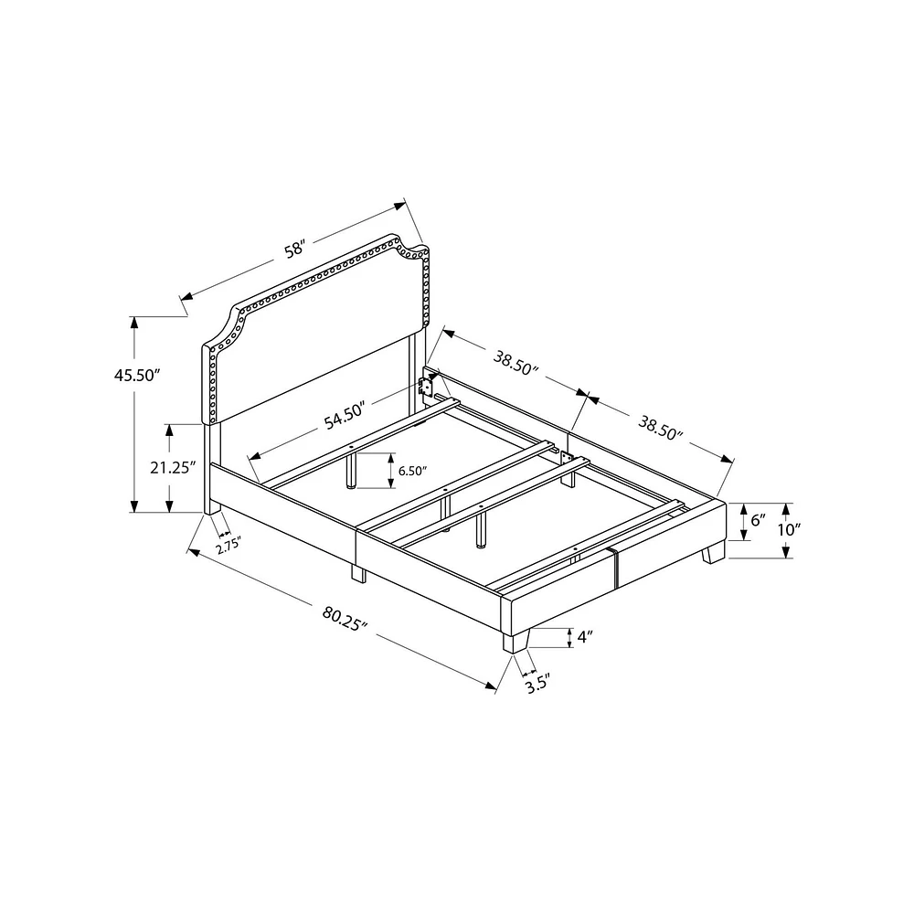 Grey Bed Frame with a Chrome Metal Nail Head Trim - Double